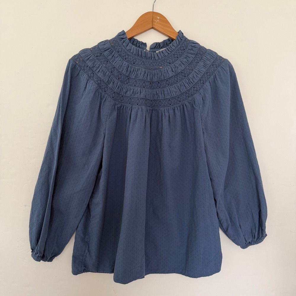 Loft Blue Smocked Mock Neck Eyelet Lace Blouse Long Sleeve Cotton Linen Size M